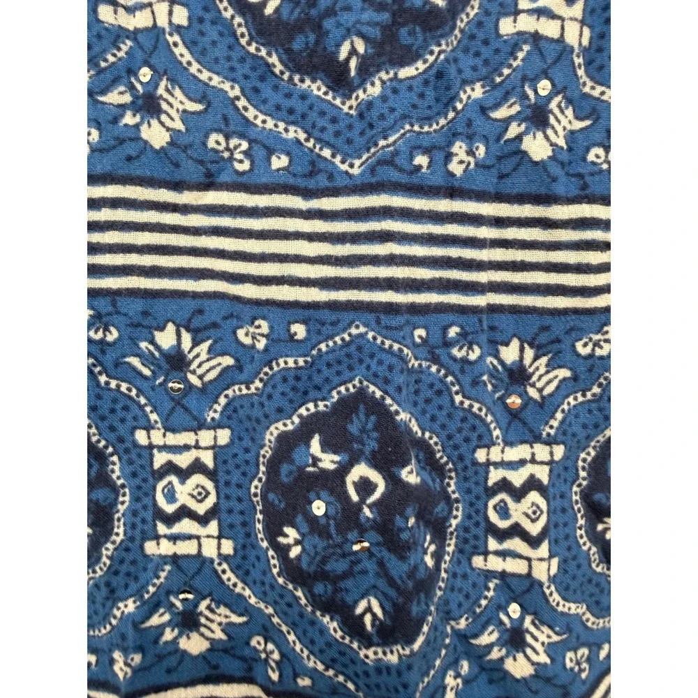 Tory Burch Blue White Medallion Tile Print Split Neck Tunic Top Size 0